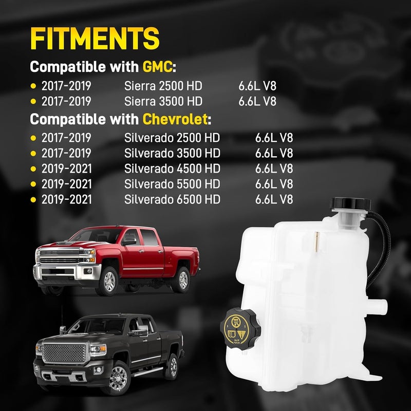 YEHERIT 84257137 Radiator Surge Tank Coolant Reservoir Compatible with 2017-2019 Chevy Silverado GMC Sierra 2500HD 3500HD, 2019-2021 Chevy Silverado 4500HD 5500HD 6500HD OE# 84214124 84174037 84138913 603-009 - Image 2